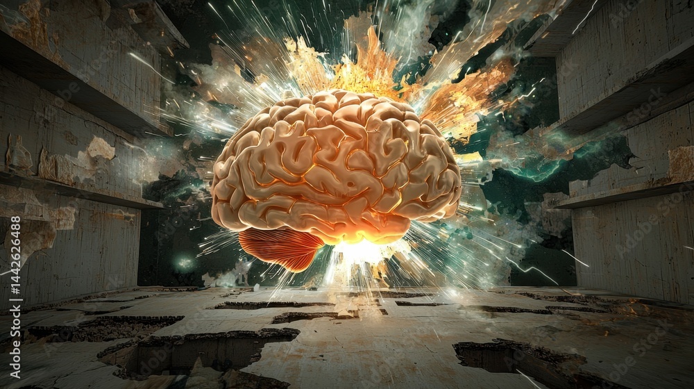 Poster abstract image of a brain releasing light and patterns, symbol of mental power