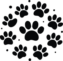 Fototapeta premium Black seamless pattern of footstep cat paws, cat, dog foot, animal. Animal step texture. Bear, panda, tiger grunge stamp repeat foot track wallpaper. Cartoon monochrome paw print seamless pattern