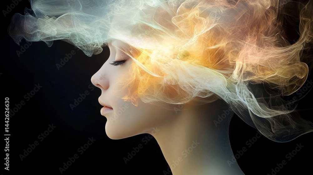 Poster abstract image of a brain releasing light and patterns, symbol of mental power