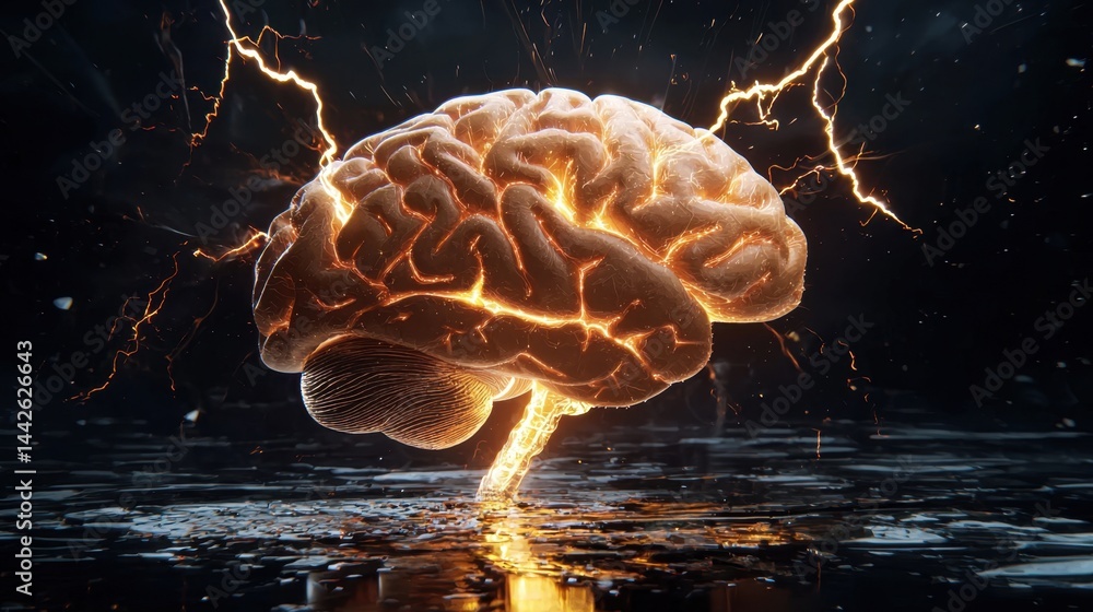 Poster abstract image of a brain releasing light and patterns, symbol of mental power
