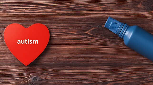Autism support Red heart with "autism" text next to a blue bottle on wood