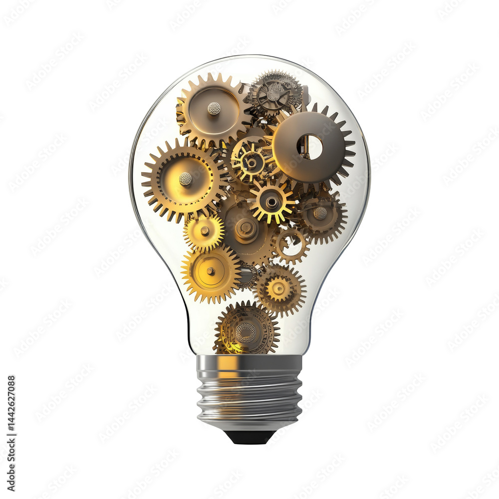 Poster illuminating innovation conceptual visualization gears within a transparent lightbulb creative brill