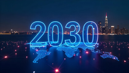 2030 vision concept. with text "2030", Blue background. Concept for Technology vision in year 2030. circle global network.