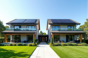 A modern duplex with solar panels on each unit’s roof, surrounded by neatly trimmed hedges and trees.