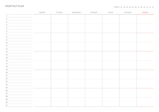 A monthly plan template with a simple and minimal style. Note, scheduler, diary, calendar planner document template illustration.