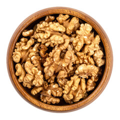 walnuts in wooden bowl top view isolated on white or transparent png
