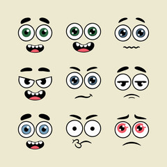 87.eps A set of cartoon eyes showing various facial expressions, each conveying a different emotion such as happiness, sadness, anger, and surprise.