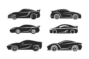 Six sleek sports car silhouettes, white background, automotive design
