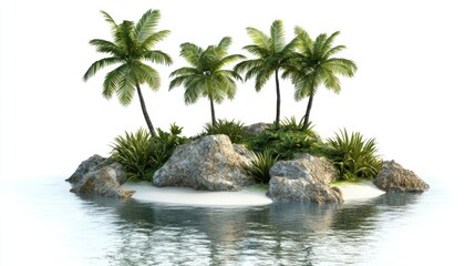 Fototapeta premium Small tropical islands with green palm trees and coral rocks on white background.