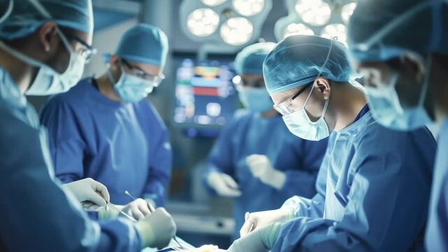 Close-up of surgeons doctors and nurses performing an operation in a bright modern modern operating room.