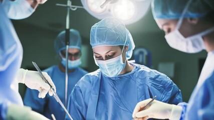  female surgeon doctor and nurses performing an operation in a bright modern modern operating room.