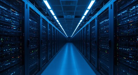 A long illuminated corridor in a server room with rows of racks and blue lighting overhead and below