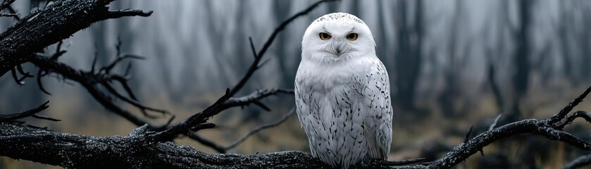 Naklejka premium Endangered species affected by fire and climate change concept. A majestic snowy owl perched on a branch in a foggy forest.