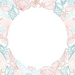 Frame made of hand-drawn seashells and starfish in pastel colors. Perfect for summer cards, wedding invitations, beach party designs, and marine-themed decorations.