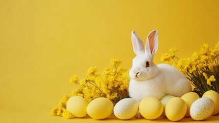White rabbit rests among yellow eggs and flowers in a cheerful spring display for a festive celebration