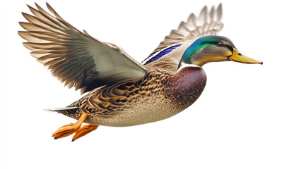 Obraz premium Isolated flying mallard duck on white background - flying wildlife bird, high resolution image