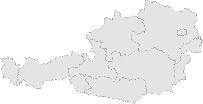 Vector map of Austria showing all regions with clearly defined borders and country outline. Grey color scheme with dark contours. Perfect for educational, infographic, and professional use.

