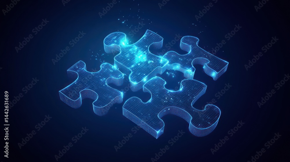 Poster abstract digital rendition of glowing puzzle pieces forming a network solution