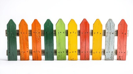 Fototapeta premium Small wooden fences in bright orange, yellow, and green on white background.