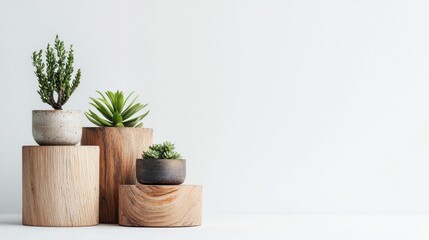 Small wooden stools with decorative potted plants in earthy tones on white background.
