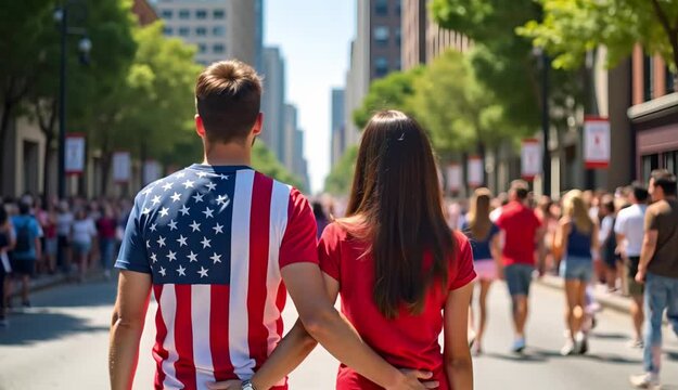 Couple Celebrating Independence Day Holding Hands in City Street  