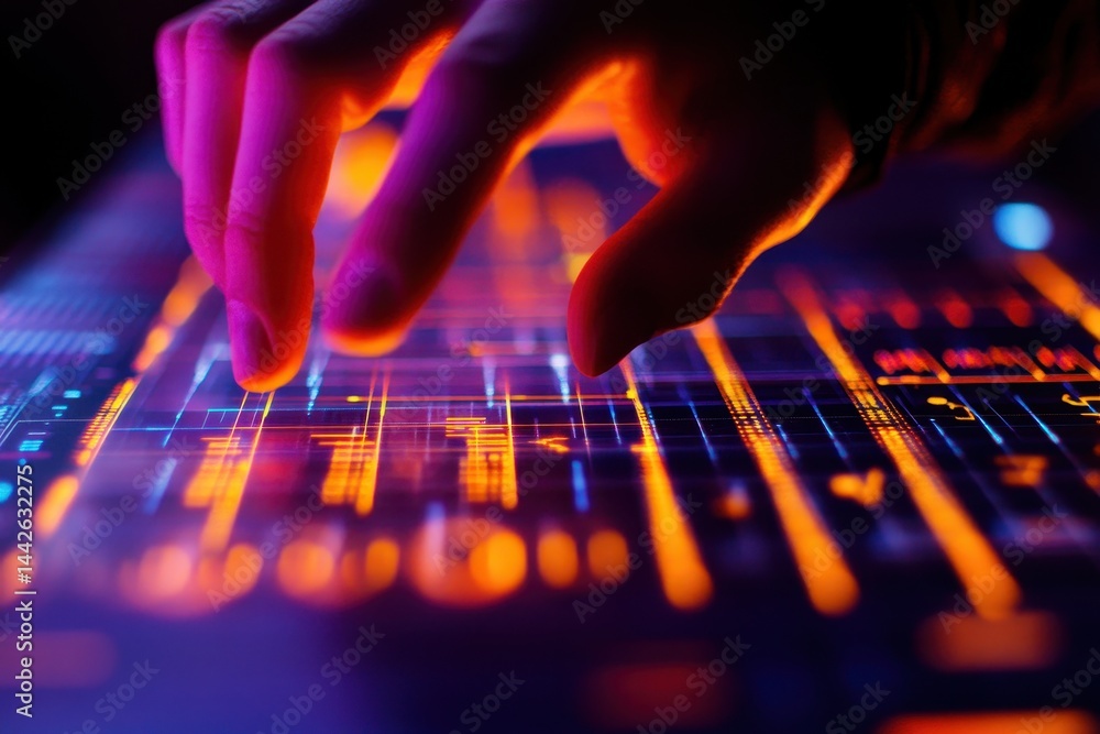 Poster touchscreen interaction with futuristic digital elements and colors
