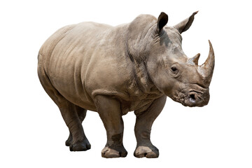 Majestic Rhino Portrait ,  Powerful African Rhino ,  Rhinoceros Standing on Neutral on Transparent Background