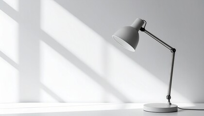 Elegant desk lamp casting shadows in minimalist office space modern design bright lighting natural light environment contemporary viewpoint