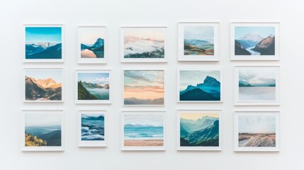 Collection of framed landscape photographs displayed on a gallery wall showcasing diverse natural scenery and scenic beauty