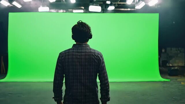 Behind the scenes: Actor stands before vibrant green screen in professional studio