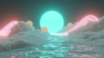Surreal Ocean Landscape with Neon Elements and Vibrant Colors