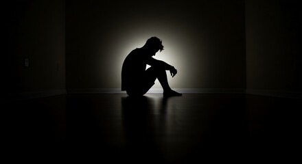 Person Sitting Alone in Dark Room Corner - Symbolic Representation of Depression