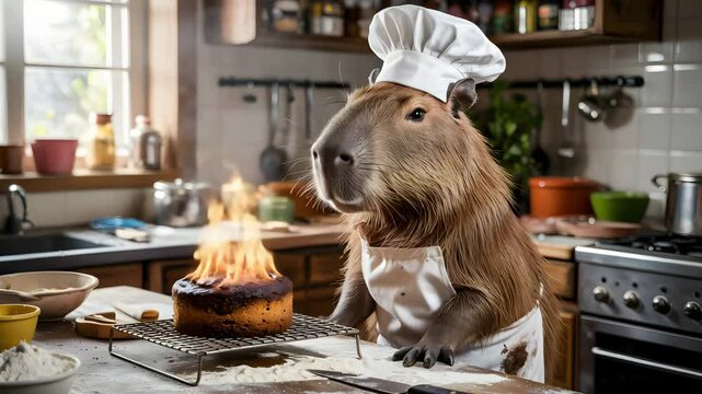 funny capybara cooking fail in kitchen with exploding cake and messy ingredients everywhere