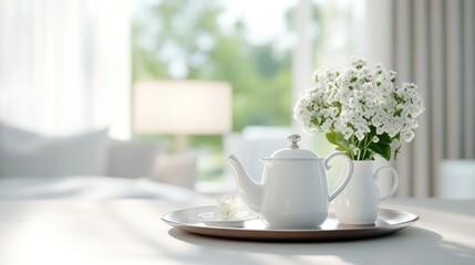 Obraz premium Elegant white tea set on a tray, with flowers, in a bright room
