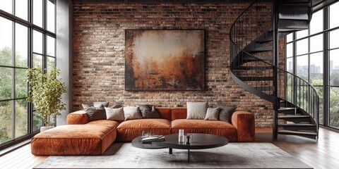 Rustic living room with a spiral staircase.
