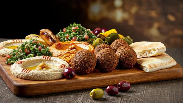 Middle Eastern Platter with hummus, falafel, tabouli, and grilled vegetables.