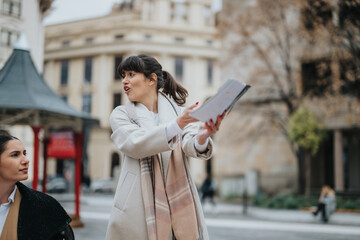 Obraz premium Two young women in professional attire having an animated discussion with documents outside.
