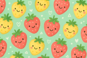 Cute Red and Yellow Strawberry Cartoon Pattern with Happy Faces