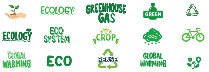 A collage of green-themed graphics and text elements related to environmental concepts. The designs feature various shades of green, with playful, nature-inspired typography and icons.