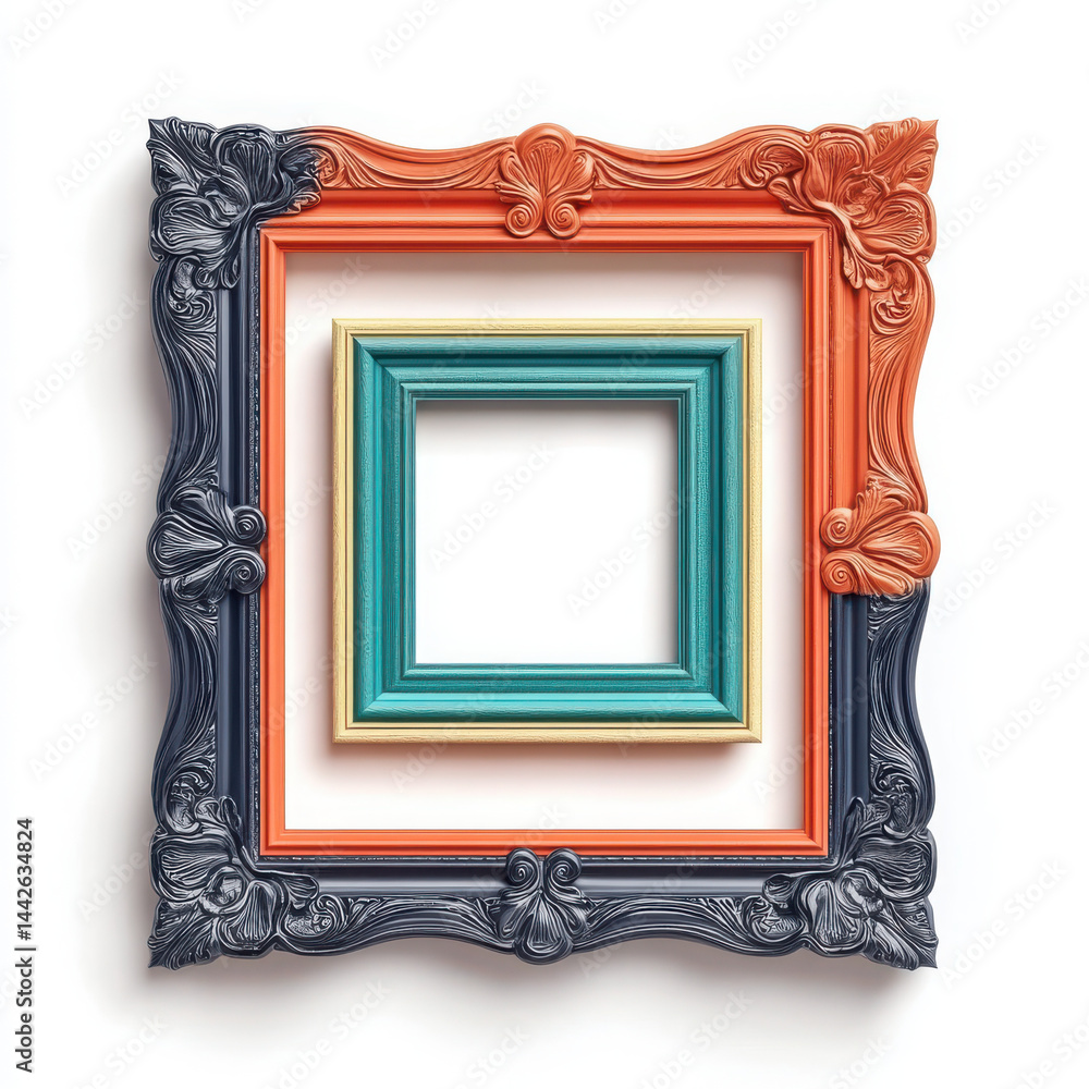Poster a stack of ornate picture frames in varying colors and sizes against a white background studio shot
