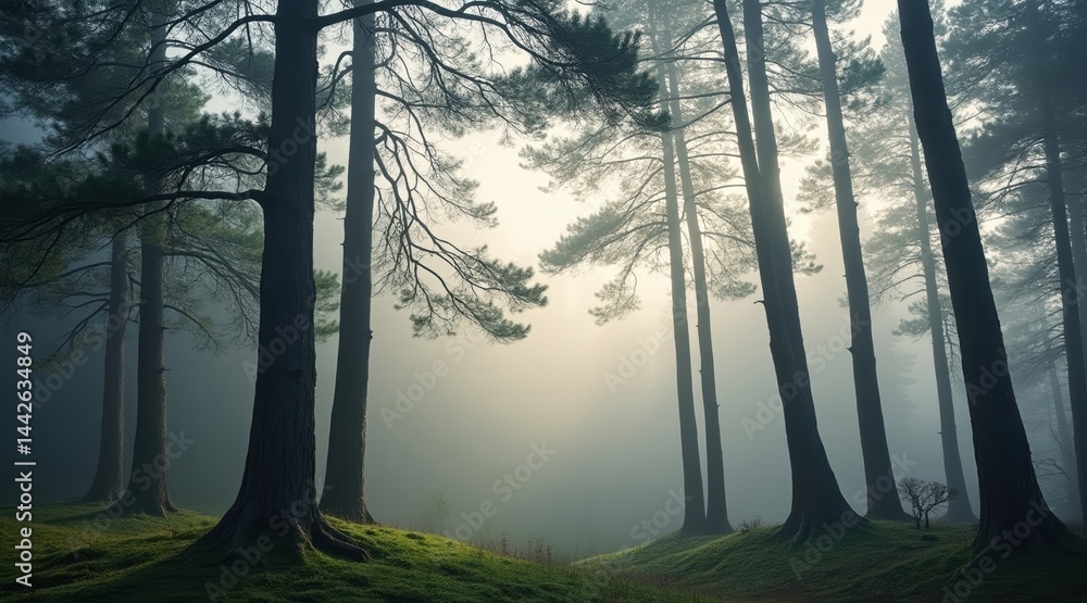 Poster tall pine trees in a misty forest with sunlight streaming through, creating a serene and tranquil at