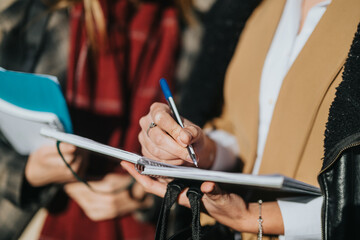 Team of professional women discussing work, taking notes, and sharing ideas while outdoors.