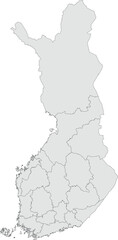 Vector map of Finland showing all regions with clearly defined borders and country outline. Grey color scheme with dark contours. Ideal for educational, infographic, and professional use.

