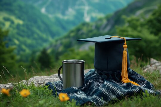 foreground graduation cap next to metal mug on background of mountain day