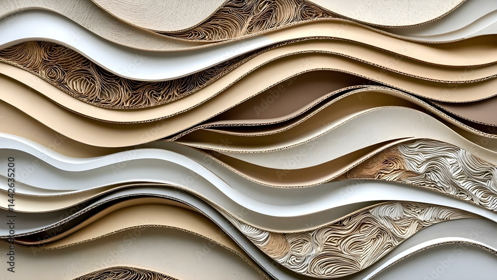 Poster a textured abstract composition featuring layered, wavy patterns of paper in neutral tones. concept 