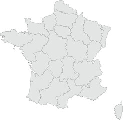 Vector map of France showing all regions with clearly defined borders and country outline. Grey color scheme with dark contours. Perfect for educational, infographic, and professional use.

