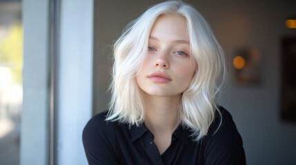 Fototapeta premium Portrait of a young woman with short blonde hair gazing thoughtfully indoors in soft lighting