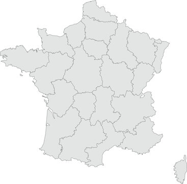 Vector map of France showing all regions with clearly defined borders and country outline. Grey color scheme with dark contours. Perfect for educational, infographic, and professional use.


