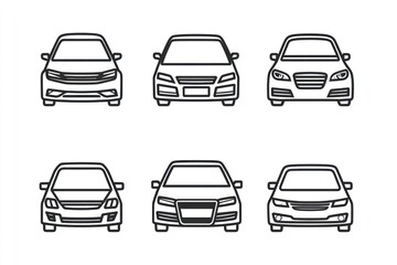 Obraz premium Six car front view icons, white background, automotive design