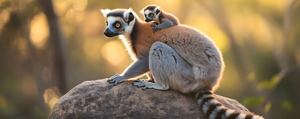 Obraz premium Mother lemur carries her baby on her back in nature